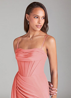 Azazie Amyra Bridesmaid Dresses Coral Sheath Off the Shoulder Chiffon Convertible Dress image2