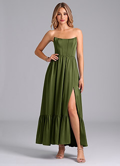 Azazie Leilana Bridesmaid Dresses Olive A-Line Corset Stretch Satin Dress image4