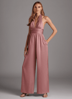 Azazie Oli Jurken voor bruidsmeisjes Jumpsuit van Stretch Satijn Geplooid Stoffige Roos image1