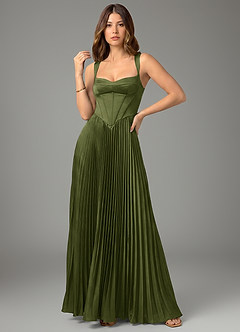 Azazie Avenelle Bridesmaid Dresses Olive A-Line Corset Stretch Satin Dress image4
