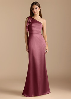 Azazie Rinna Vestidos de damas de honor Vestido de Rosa Del Desierto de Satén Metálico de Corte Sirena con Volante image1