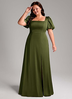 Azazie Fyona Bridesmaid Dresses Olive A-Line Pleated Stretch Satin Dress image11