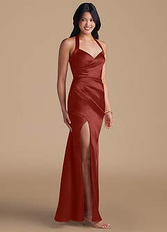 Azazie Emeria Bridesmaid Dresses Terracotta Sheath Side Slit Metallic Satin Dress image6