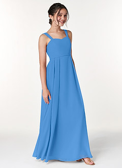 Azazie Simoan Junior Abito A-Line in Chiffon Scollo a Cuore Blue Jay image3