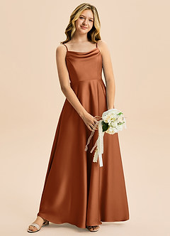 Azazie Isolde Junior Jurk van Stretch Satijn met A-Lijn Geplooid Koper image2