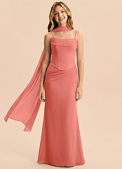 Azazie Sorrel Junior Meerjungfrau-Linie Plissee Chiffon Kleid Lachsrosa image4
