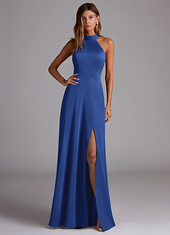 Azazie Myra Robes de demoiselle d'honneur Robe Trapèze en Satin extensible Fente Latérale Bleu Roi image1