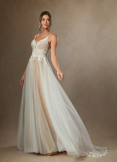 Azazie Devi Wedding Dresses Diamond White Nude A-Line V-Neck Lace Tulle Dress image2