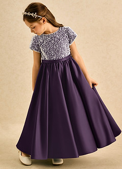 Azazie Cashew Flower Girl Dresses Plum Ball-Gown with Sleeves Matte Satin Dress image5