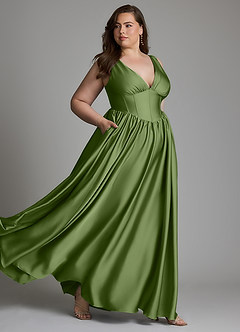 Azazie Delmie Vestidos de damas de honor Vestido Enebro de Satén Elástico de Línea A con Corsé image10