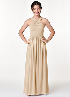 Azazie Jiya Junior Champagne A-Line Pleated Mesh Dress image4