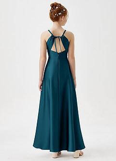 Azazie Avelina Junior Abito A-Line in Raso Elasticizzato Plissettato Blu Inchiostro image6