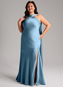 Azazie Kinsley Vestidos de madrinha de casamento Vestido Aço Azul de Cetim elástico de sereia com Fenda Lateral image11