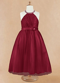 Azazie Honey Flower Girl Dresses Burgundy A-Line Beaded Matte Satin Dress image7