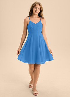 Azazie Avelina Junior Blue Jay A-Line Pleated Chiffon Dress image3