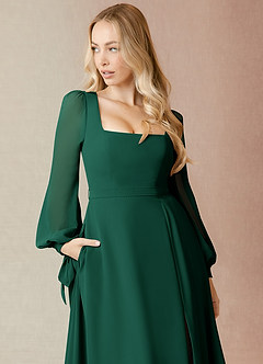 Azazie Leonia Bridesmaid Dresses Emerald A-Line Long Sleeve Chiffon Dress image10