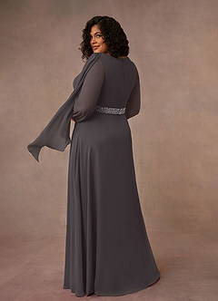 Azazie Priyanka vestidos de madre de la novia Vestido de Gris Acero de Gasa de Corte En A con Cuello barco plisado image6