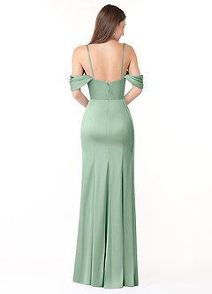 Azazie Amyra At-home Try On Dresses Agave Sheath Off the Shoulder Stretch Satin Convertible Dress image6