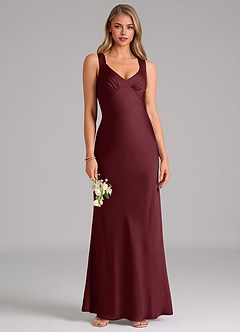 Azazie Kamila Bridesmaid Dresses Cabernet A-Line Pleated Stretch Satin Dress image1