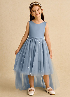 Azazie Bell Jurken voor bloemenmeisjes Baljurk Jurk van Tule Boog Stoffig Blauw image3