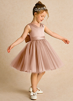 Azazie Tadpole Robe Demoiselle D'honneur Fillette Robe Trapèze en Mat Satiné Plissée Champagne Rosé image3
