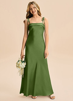 Azazie Willa Junior Linia A Ukłon Satyna elastyczna Długość podłogi Młodsza druhna Sukienka image4