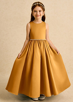 Azazie Daisies Flower Girl Dresses Butterscotch Ball-Gown Bow Matte Satin Dress image5