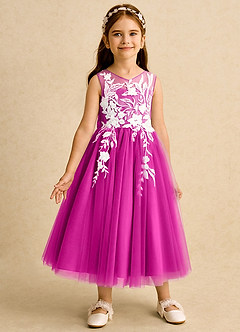 Azazie Sundae Abiti da Ragazza di Fiori Abito Principessa in Pizzo Fucsia image5