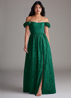 Azazie Autumn Robes de demoiselle d'honneur Robe Trapèze Convertible en Blumen-Burnout Épaule décolletée émeraude image1