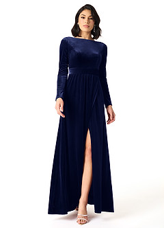 Azazie Brynn Bridesmaid Dresses Dark Navy A-Line Long Sleeve Velvet Dress image1