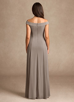Azazie Ewa Mother of the Bride Dresses Taupe A-Line Off the Shoulder Mesh Dress image3