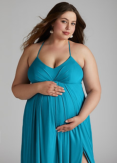 Azazie Annabelle Maternity Bridesmaid Dresses A-Line V-Neck Pleated Mesh Floor-Length Dress image11