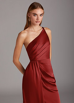 Azazie Mika Final Sale Pomegranate Sheath One Shoulder Stretch Satin Dress image7