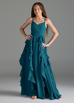 Azazie Peyton Junior Ink Blue A-Line V-Neck Cascading Ruffles Chiffon Dress image1