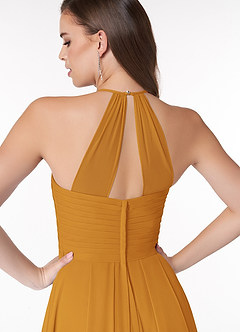 Azazie Ginger Bridesmaid Dresses Butterscotch A-Line Halter Pleated Chiffon Dress image3