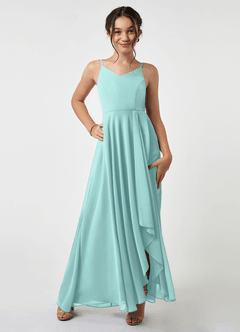 Azazie Collette Junior Aqua A-Line Ruched Chiffon Dress image1