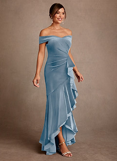 Azazie Billings Abiti per la Madre della Sposa Abito Sirena in Velluto a Spalla Scoperta Blu Polveroso image4