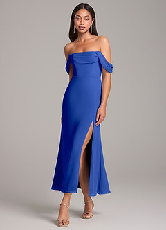 Azazie Saige Abiti da Damigella Abito Convertibile Tubino in Chiffon a Spalla Scoperta Blu Reale image3