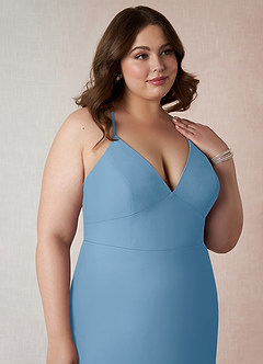 Azazie Becca Bridesmaid Dresses Steel Blue Sheath V-Neck Chiffon Dress image12