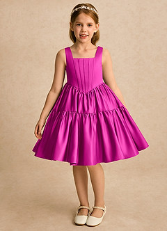 Azazie Myla Flower Girl Dresses Fuchsia A-Line Pleated Matte Satin Dress image3