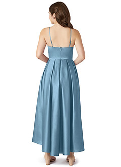 Azazie Jemima Junior Steel Blue A-Line with Pockets Stretch Satin Dress image2