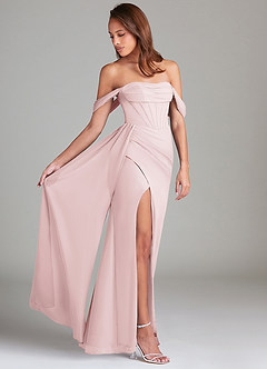 Azazie Amyra Bridesmaid Dresses Blushing Pink Sheath Off the Shoulder Chiffon Convertible Dress image2