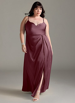 Azazie Brielle Bridesmaid Dresses Sangria A-Line Cowl Spaghetti Straps Stretch Satin Dress image8