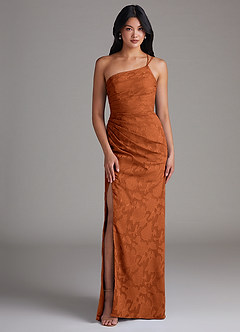 Azazie Eren Bridesmaid Dresses Burnt Orange Sheath One Shoulder Floral Burnout Dress image1