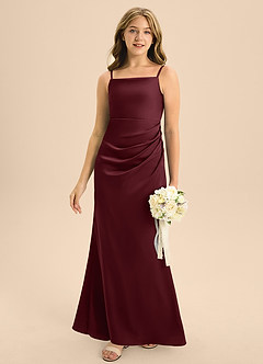 Azazie Renna Junior Vestido de Cabernet de Satén Elástico de Corte En A con Plisado image5