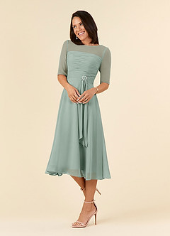 Azazie Naomi At-home Try On Dresses Agave A-Line Boatneck Pleated Chiffon Dress image3