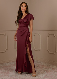 Azazie Roya Mother of the Bride Dresses Cabernet Mermaid V-Neck Pleated Stretch Satin Dress image1
