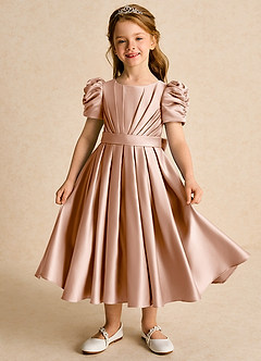 Azazie Miriam vestidos de niña de las flores Vestido de Champán Rosado de Satin Mate de Princesa con Plisado image2