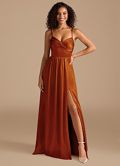 Azazie Zeya Bridesmaid Dresses Auburn A-Line Pleated Metallic Satin Dress image7