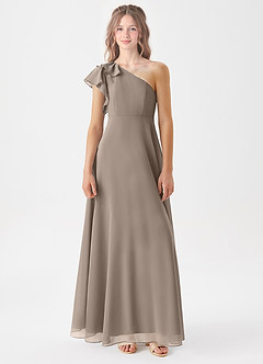 Azazie Arabella Junior Robe Trapèze en Mousseline de soie Rayé Taupe image3